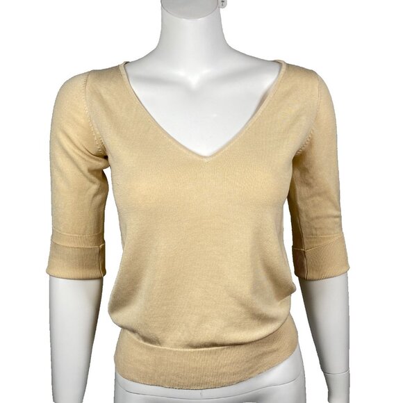 Express Silk Blend Sweater Womens M Half Sleeve Pullover V Neck Stretch Gold - Picture 1 of 4